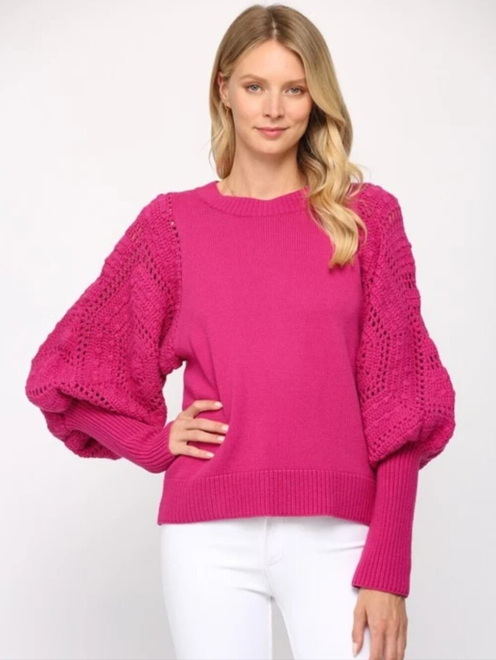 Fate Fuchsia Crochet Puff Sleeve Crewneck Sweater